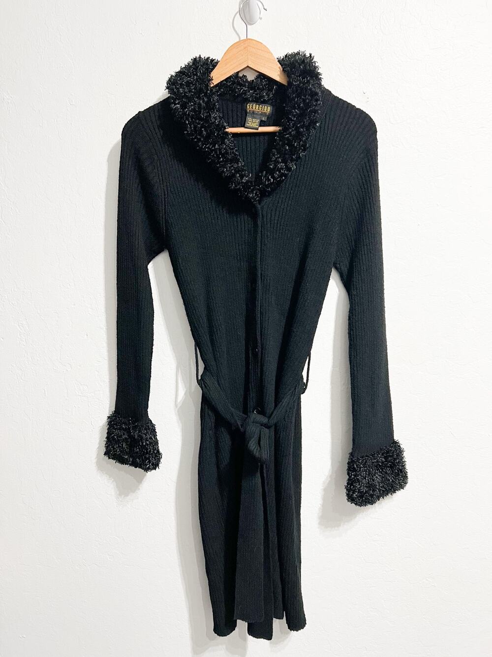 VTG Georgiou Y2k Cardigan Button Sweater L Tie Fur Collar Dress 90's Glam Black